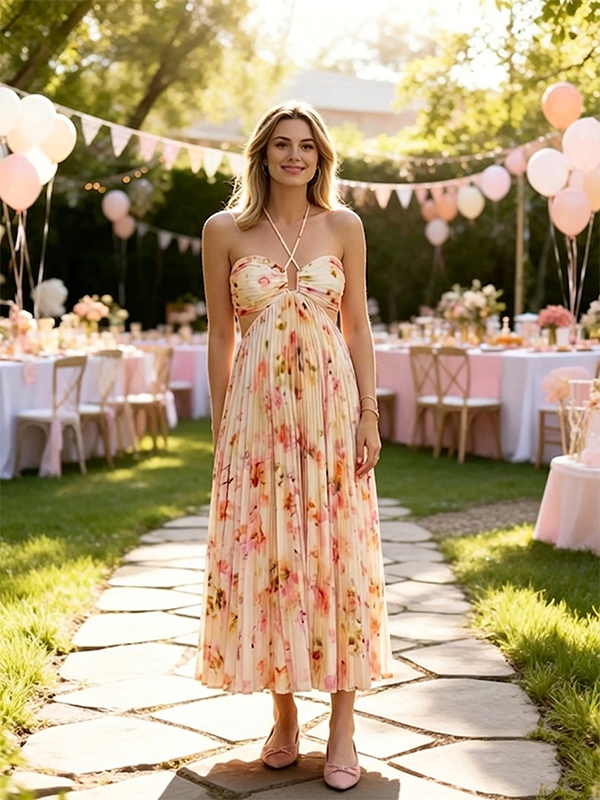 Momyknows Chic Apricot Floral Pleated Cut Out Backless Tie Back Baby Shower Maternity Maxi Dress - Apricot - 2