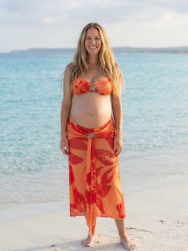 Momyknows Orange Sunset Vibe Floral Hardware High Slit Tie up Beach Photoshoot 3 Piece Bikini Maternity Swimsuit - Orange - 2