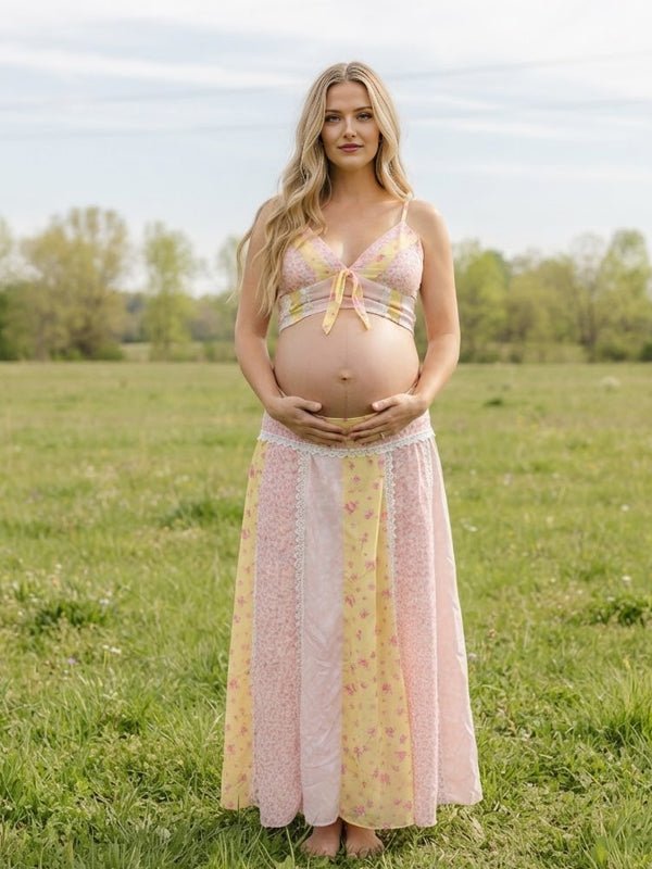 Momyknows Pink Spaghetti Strap Smocked Print Lace Up Maternity Photoshoot Maxi Dress - Pink - 1