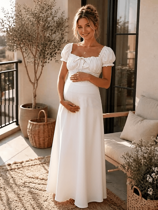 Momyknows White Ruffle Ruched Lace-Up Summer Beach Photoshoot Maternity Baby Shower Maxi Dress - White - 1
