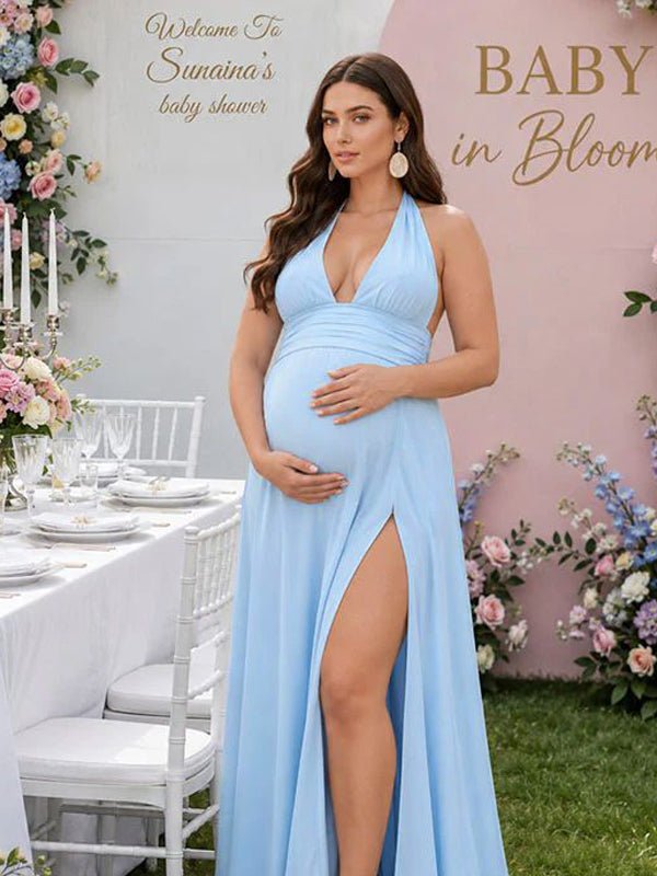 Momyknows Elegant Light Blue Halter Neck Side Slit Lace-Up Backless Baby Shower Maternity Maxi Dress - Light Blue - 1