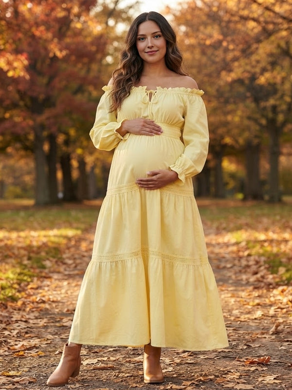 Yellow Smocked Maternity Maxi Dress with Off Shoulder Neckline and Lace Up Detail