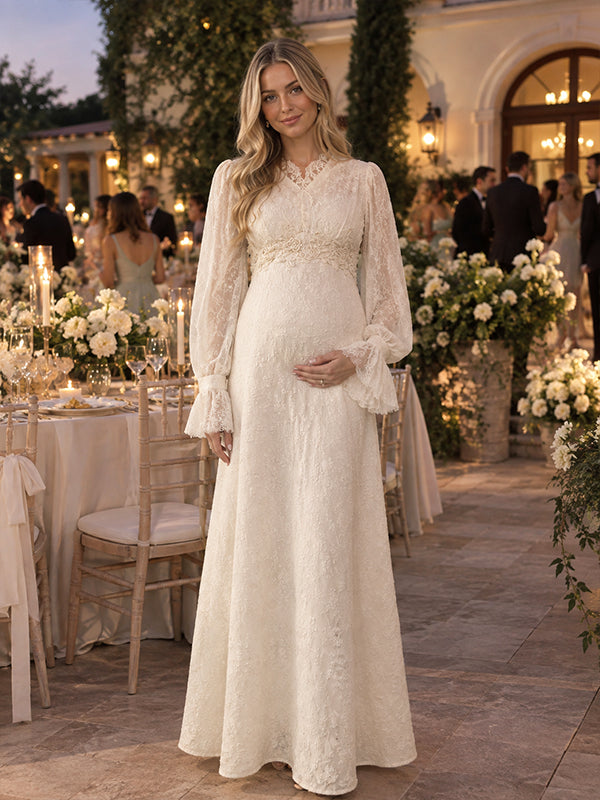 White Lace Maternity Maxi Dress with Flare Sleeves and Lace Up Detail and Elegant Fit, Photoshoot Occasion