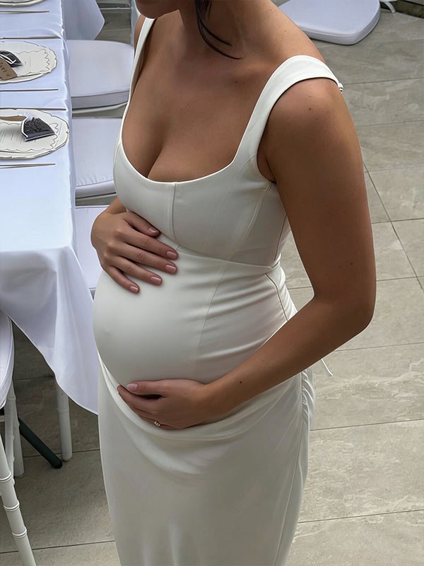Momyknows Ruched Bodice Lace-up Back Tank Bodycon Maternity Maxi Dress, Blue / L