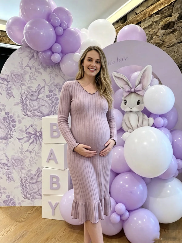 Solid Lavender Maternity Maxi Dress with Ruffle Details and Form-Fitting Stretchy Silhouette, Baby Shower