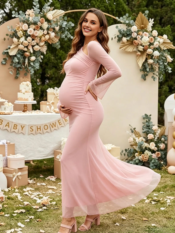 Pink Oblique-the-Shoulder Maternity Dress with Ruffle Details and Backless Design
