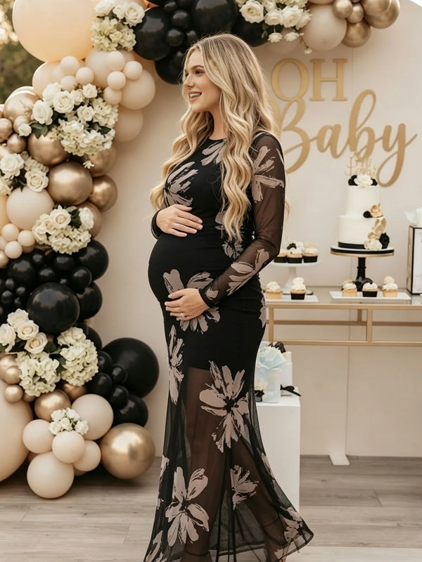 Black Print Maternity Maxi Dress with Round Neck and Double-Layer Tulle