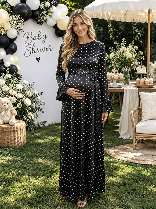 Black Polka Dot Maternity Maxi Dress with Elegant Flare Sleeve Silhouette and Comfortable Fit, Baby Shower