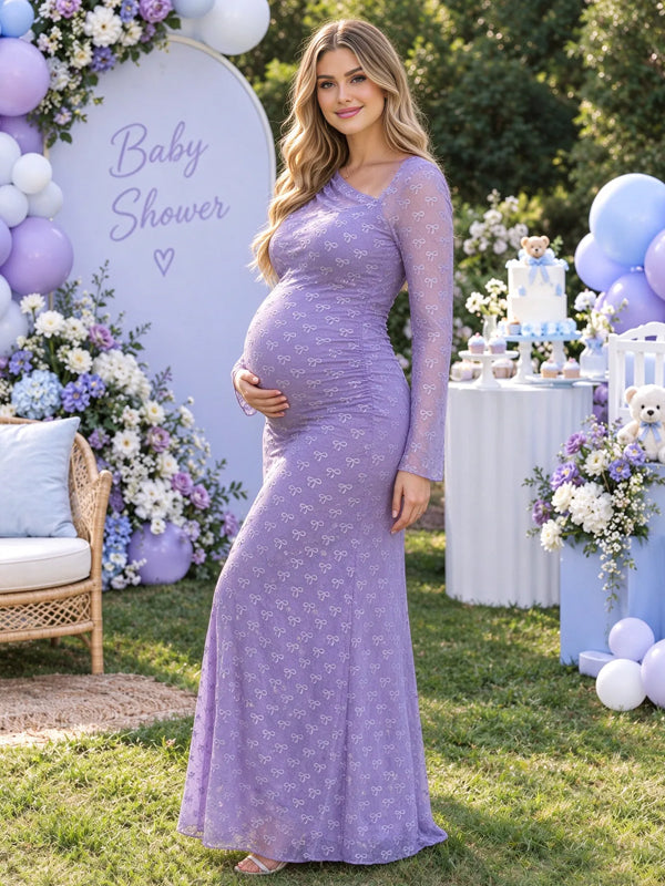 Purple printed tulle maternity maxi dress with a one-shoulder design and elegant flowing fit
