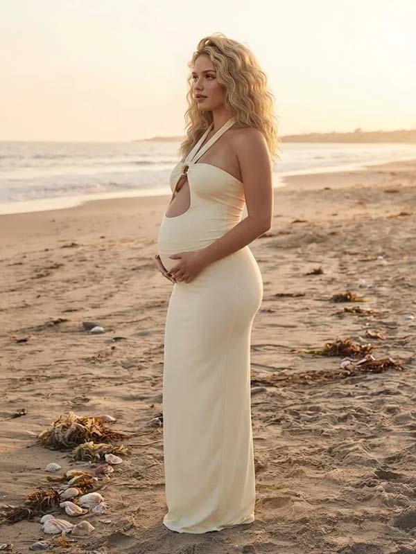 Momyknows Yellow Ruffle Halter Neck Backless Two Piece Tulle Bikini Maternity Swimsuit - Yellow - 2