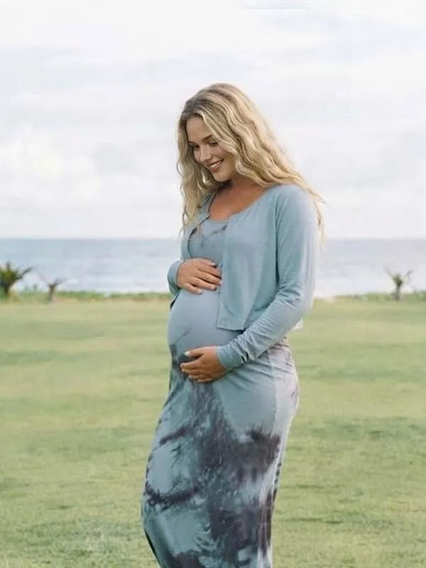 Momyknows Blue Printed Two Piece Spaghetti Strap Bodycon Cardigan Maternity Maxi Dress