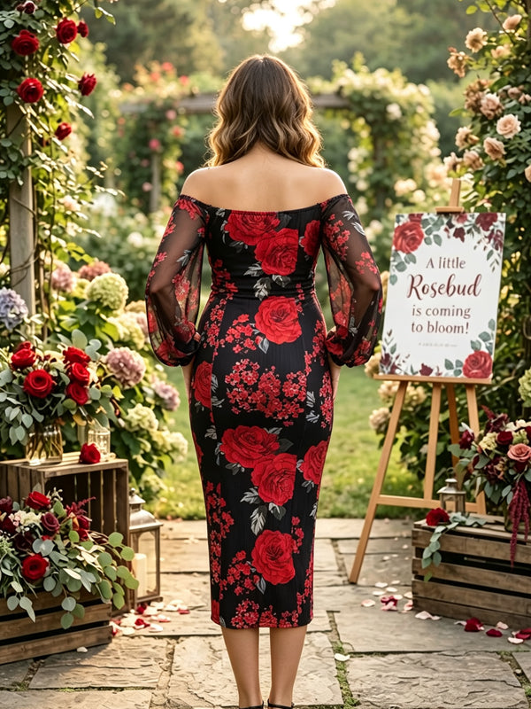 Black Off-the-Shoulder Maternity Midi Dress with Printed Design and Pleated Details
