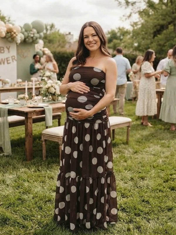 Momyknows Brown Open Back Off Shoulder Tulle Tutu Ombre Maternity Baby Shower Maxi Dress