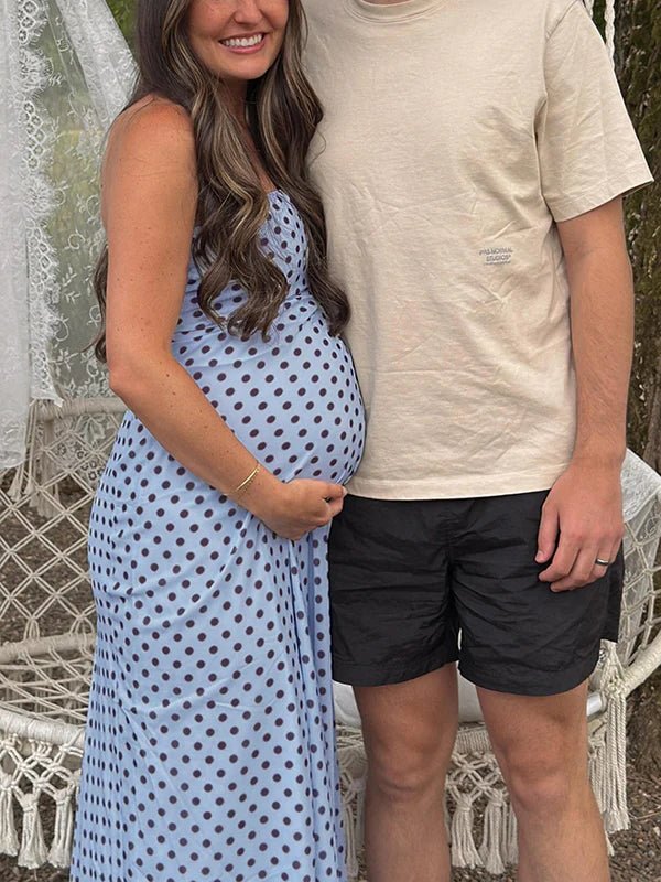 Momyknows Chic Blue Bandeau Grenadine Polka Dot Baby Shower Maternity Maxi Dress - Blue - 3