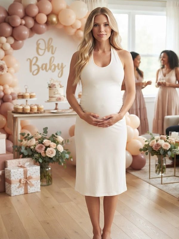 Momyknows Apricot Halter Neck Open Back Lace-Up Mermaid Splicing Baby Shower Midi Dress - Apricot - 1