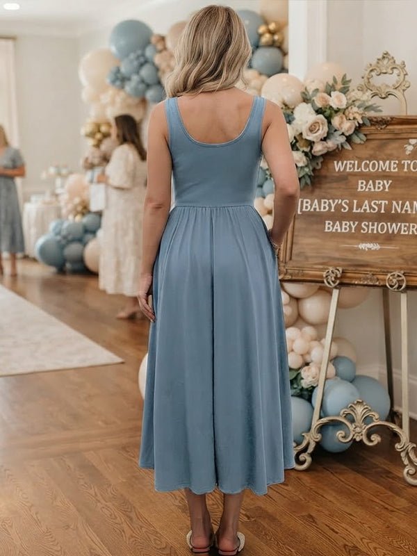 Momyknows Spaghetti Strap Ruched Backless Maternity Baby Shower Midi Dress - Blue - 6