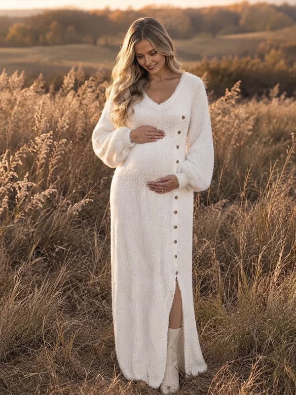 White V Neck Sweater Maternity Maxi Dress with Button Detail and Slit Design and Elegant Fit, Photoshoot Occasion