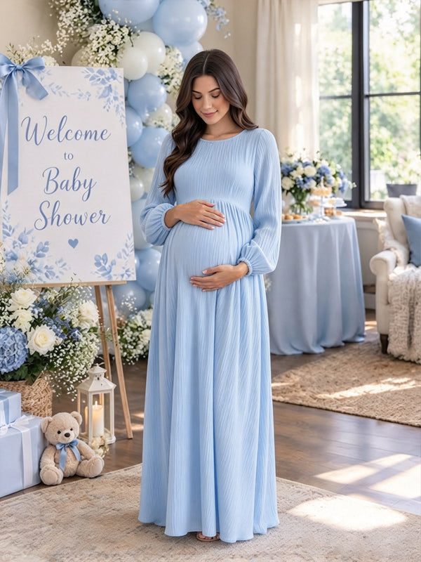 Blue A-Line Ruched Maternity Maxi Dress with Big Swing Silhouette and Flattering Fit, Baby Shower Occasion