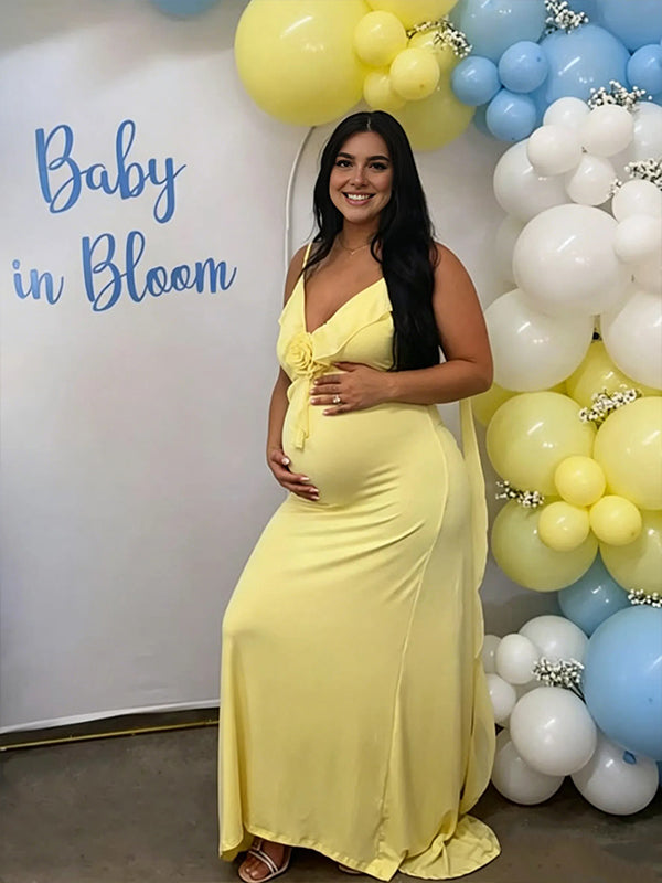 Momyknows Yellow Ruffle Draped 3D Flower Spaghetti Strap Baby Shower Maternity Maxi Dress