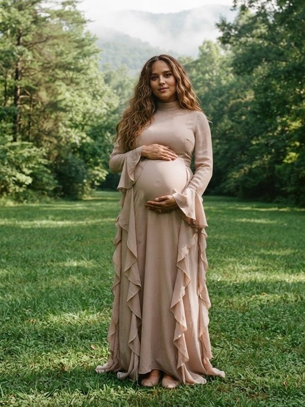 Momyknows Ruffle Flare Sleeve Big Swing Maternity Photoshoot Maxi Dress - Apricot - 4