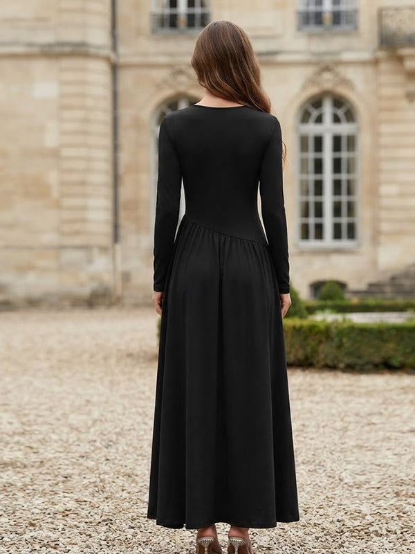 Black Maternity Maxi Dress with Elegant Spliced Design and Round Neck Detail