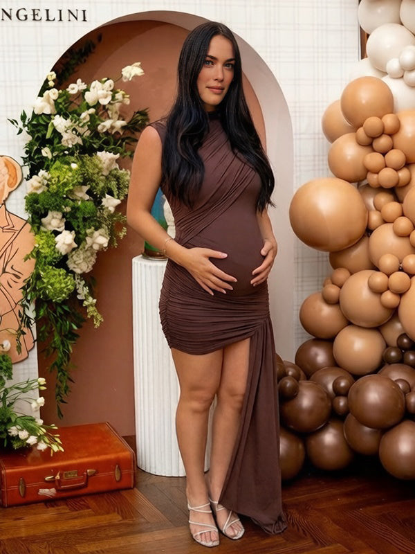Momyknows Chic Brown Ruched Side Draped Bodycon Irregular Asymmetric Shoulder Baby Shower Maternity Mini Dress