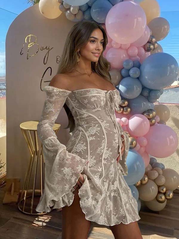 Momyknows White Lace Off Shoulder Bow Drawstring Ruffle Flare Sleeve Elegant Gender Reveal Maternity Mini Dress
