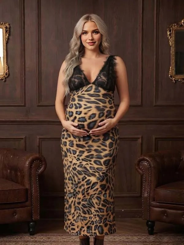 Momyknows Leopard Lace V Neck Slim Fit Maternity Photoshoot Maxi Dress