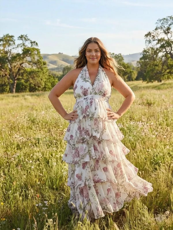 Momyknows White Print Halter Neck Backless Falbala Photoshoot Maternity Maxi Dress - White - 3