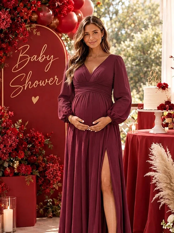 Elegant Side Slit Ruched Maternity Baby Shower Maxi Dress