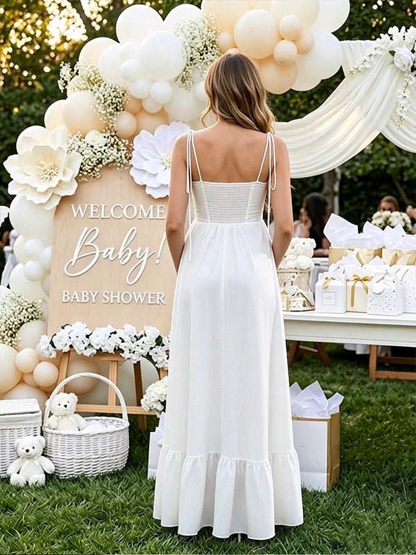 Momyknows Spaghetti Strap Backless Falbala Baby Shower Maternity Midi Dress - White - 2