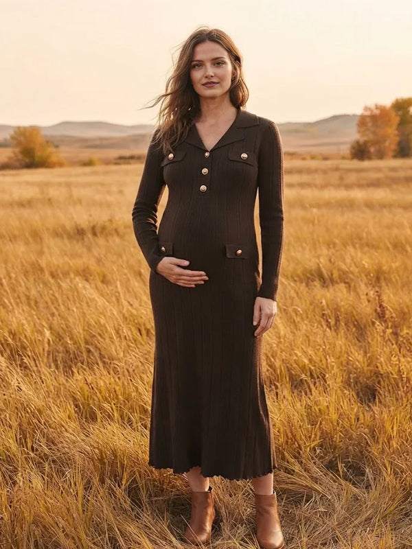 Coffle Turndown Collar Metal clasp Photoshoot Maternity Maxi Dress