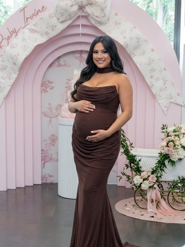 Momyknows Brown Mesh Ruched Bandeau Strapless Bodycon Maternity Maxi Dress
