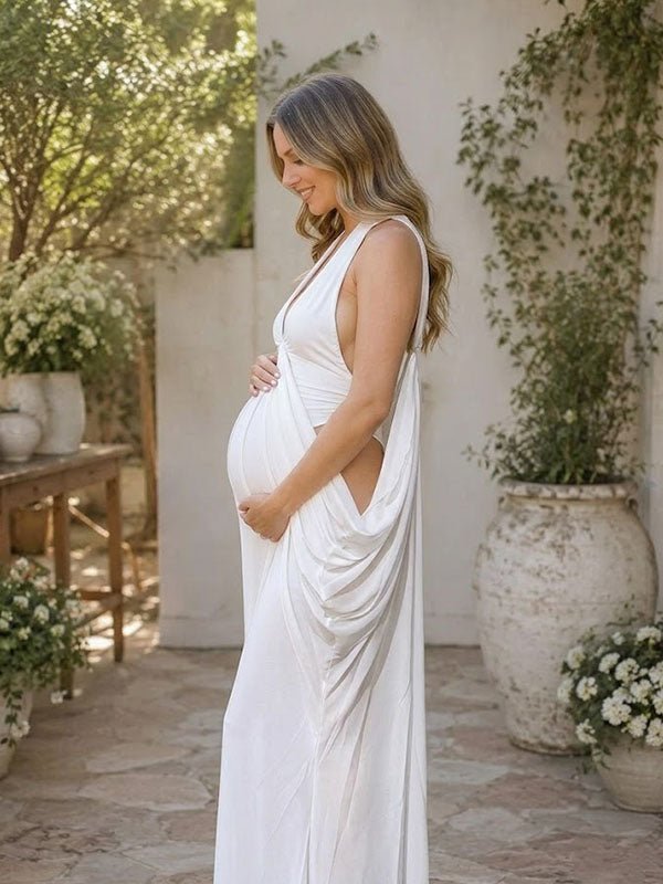 Momyknows White Halter Neck Backless Ruched Bodycon Photoshoot Maternity Maxi Dress - White - 2