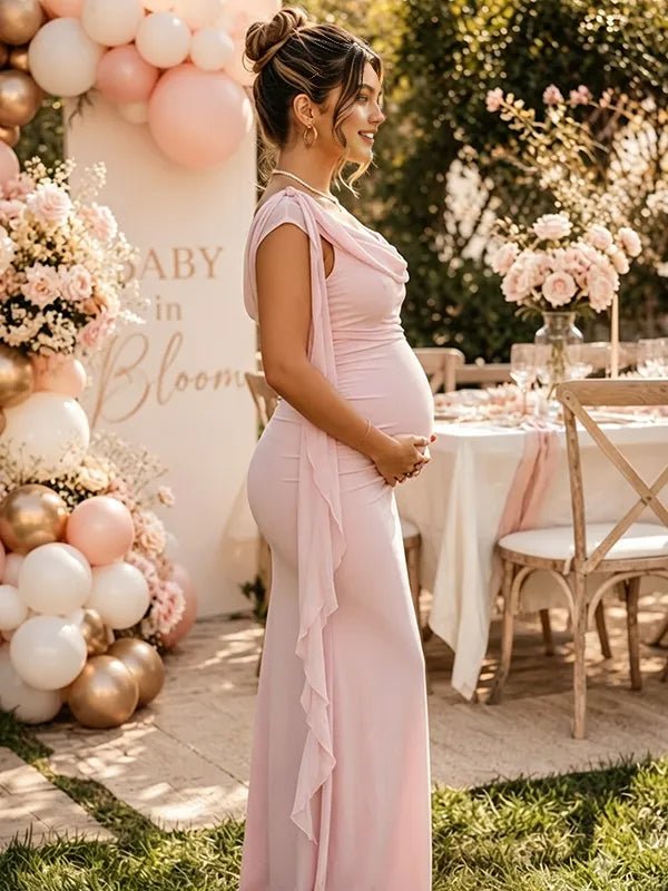 Momyknows Pink Bodycon Falbala Ribbon Open Back Ruched Dress Baby Shower Maxi Dress - Pink - 2