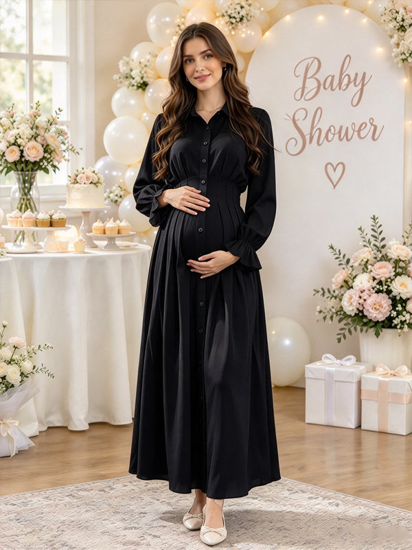 Black Baby Shower Maternity Maxi Dress with Ruffle Trim and Button Lace Up Details and Graceful Fit