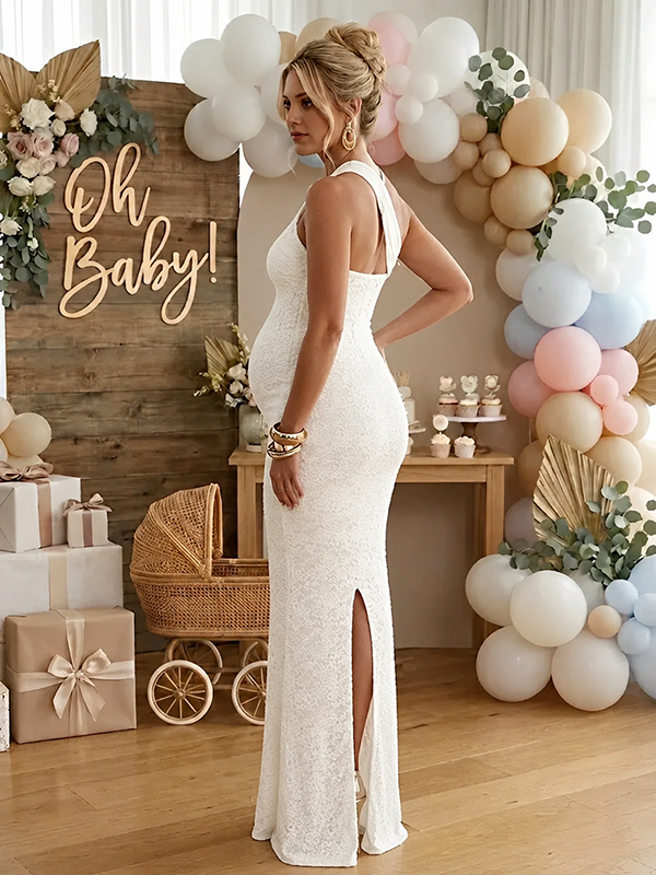 Momyknows White Lace One Shoulder Ruched Draped Bodycon Elegant Maternity Maxi Dress White / M