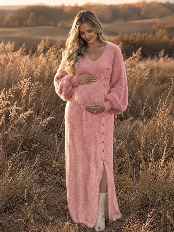 Pink V Neck Maternity Maxi Dress with Button Front and Slit Detail and Flattering Sweater Silhouette, Photoshoot