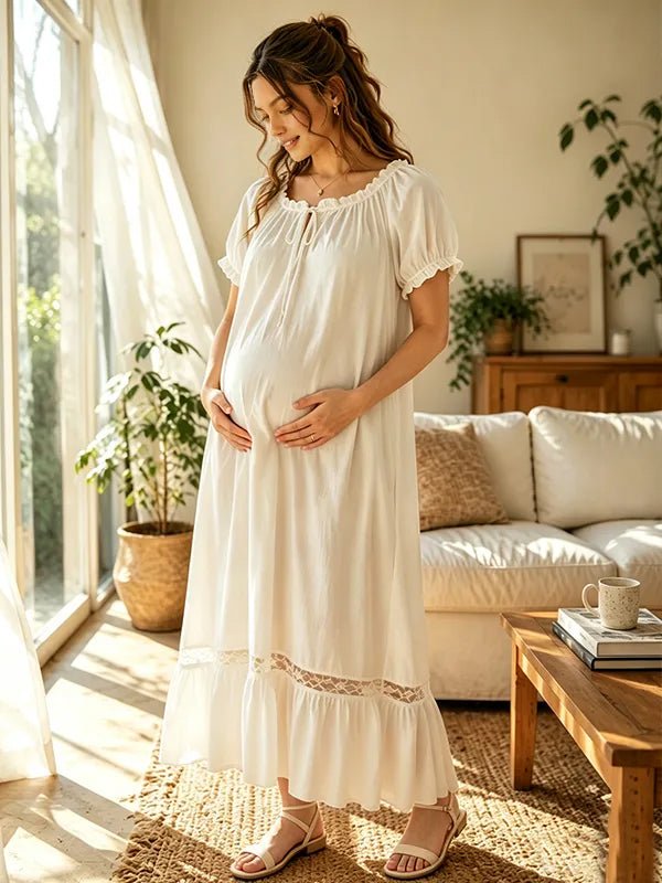 Momyknows Open Back Lace Ruched Lace-Up Maternity Photoshoot Maxi Dress - White - 1