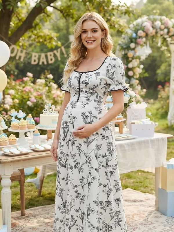 White Print A-Line Maternity Maxi Dress with U-Neck and Color-Block Design and Stretchy Fit, Baby Shower
