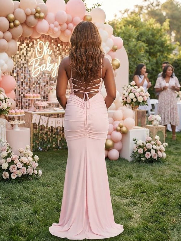 Momyknows Pink Spaghetti Strap Ruched Lace Up Backless Maternity Baby Shower Maxi Dress - Pink - 5