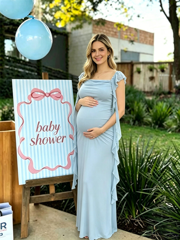 Momyknows Blue Sleeveless Falbala Bodycon Backless Baby Shower Maternity Maxi Dress