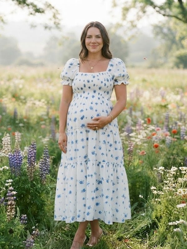 Momyknows Smocked Print Big Swing Backless Maternity Photoshoot Midi Dress, Blue / L