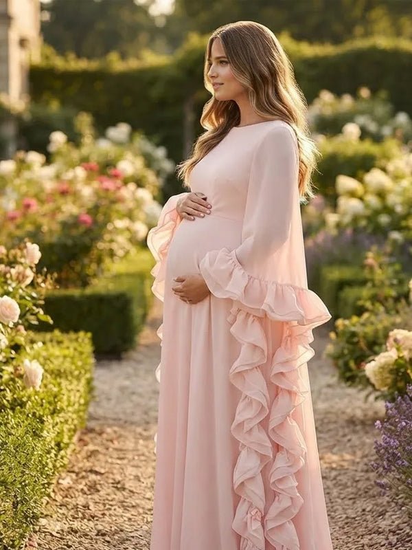 Momyknows Pink Ruffle Tulle Tutu Backless Big Swing Maternity Photoshoot Maxi Dress - Pink - 2