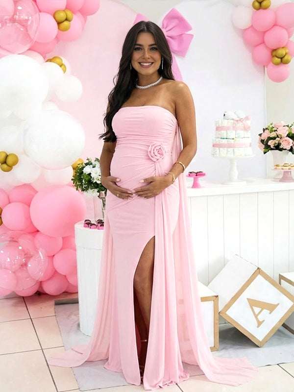 Momyknows Pink 3D Flower Ruched Side Slit Backless Grenadine Splicing Maternity Baby Shower Maxi Dress