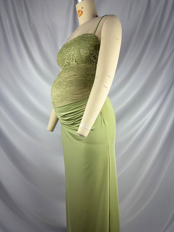 Green Lace Ruched Cami Elegant Maternity Photoshoot Maxi Dress Green / S Green Lace Ruched Cami Elegant Maternity Photoshoot Maxi Dress Green / S