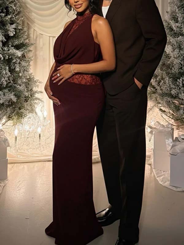 Momyknows Brown Lace Patchwork Ruched Cowl Neck Mermaid Maternity Maxi Dress Momyknows Brown Lace Patchwork Ruched Cowl Neck Mermaid Maternity Maxi Dress