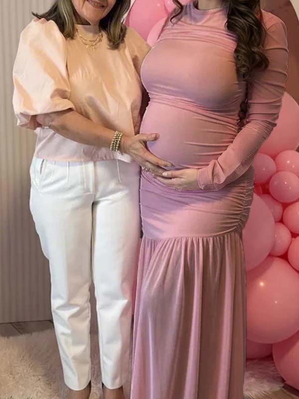 Momyknows Mesh Ruched Mermaid Sheer Maternity Maxi Dress - Pink - 10