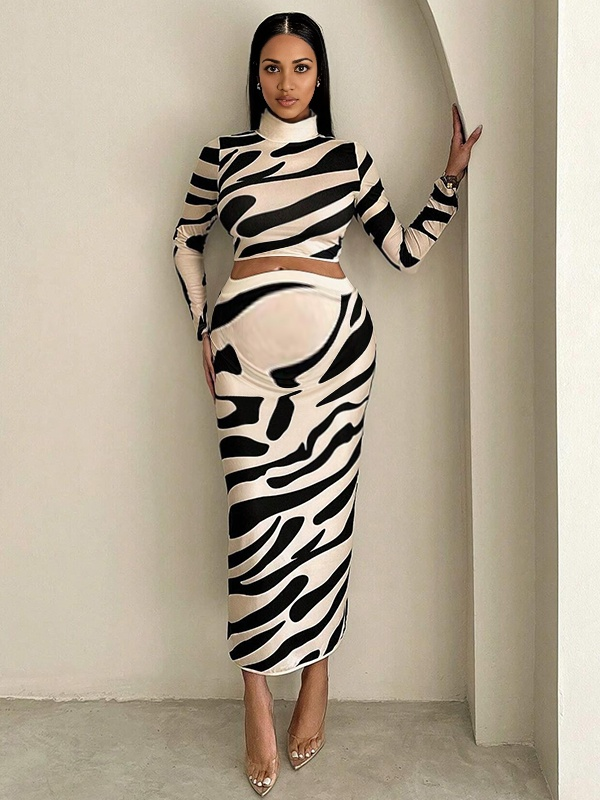 Momyknows Striped Crop High Neck Daily Going out Maternity Hip Wrapped Half-body Skirt Set