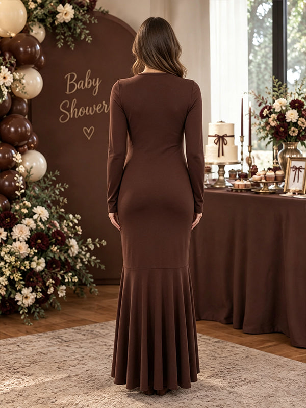 Brown Maternity Maxi Dress with Ruched Design and Ruffle Lace Up Detail